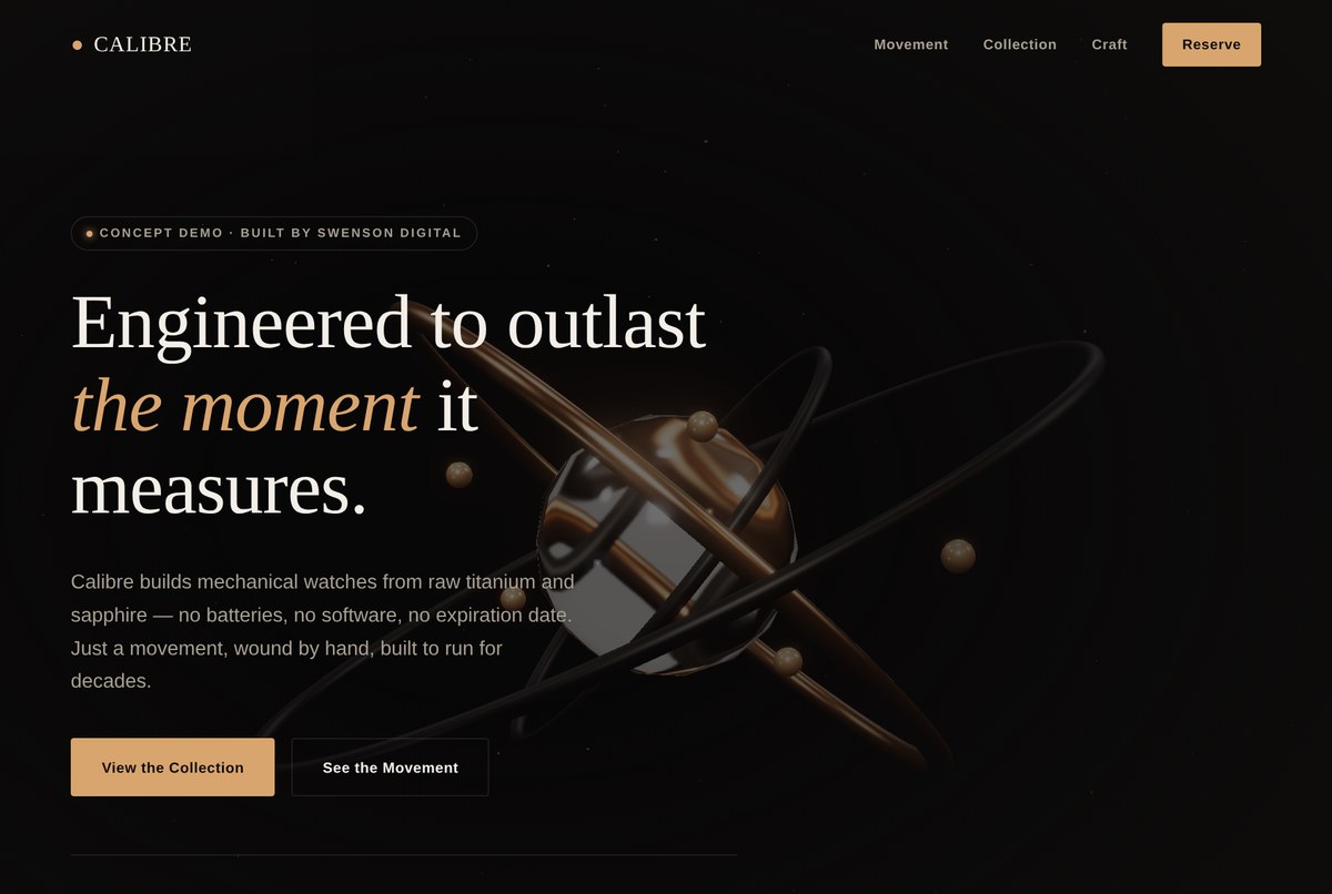 Calibre — a mechanical-watch concept demo homepage with an interactive WebGL hero, an exploded movement diagram, and editorial typography, built by Swenson Digital