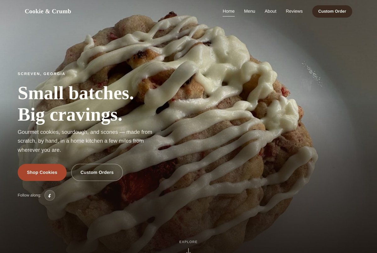 The Cookie & Crumb homepage — a cinematic hero photo, editorial typography, and a full custom-order flow, built by Swenson Digital