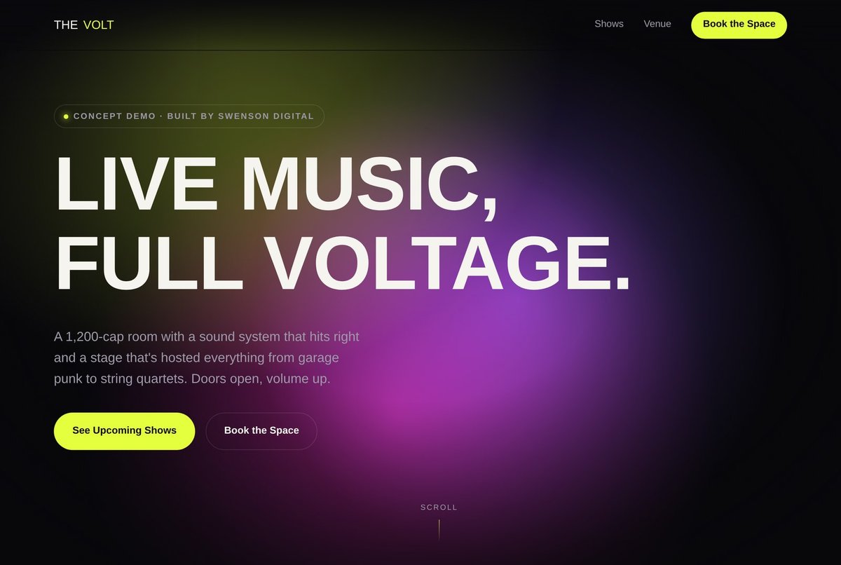 The Volt — a dark, neon-toned concept demo homepage with a canvas-animated glow, kinetic headline type, and a custom cursor, built by Swenson Digital